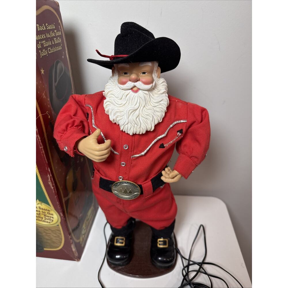 Holly Jolly Rock Santa Animated Musical Dancing Cowboy Christmas Working Box - Picture 3 of 8